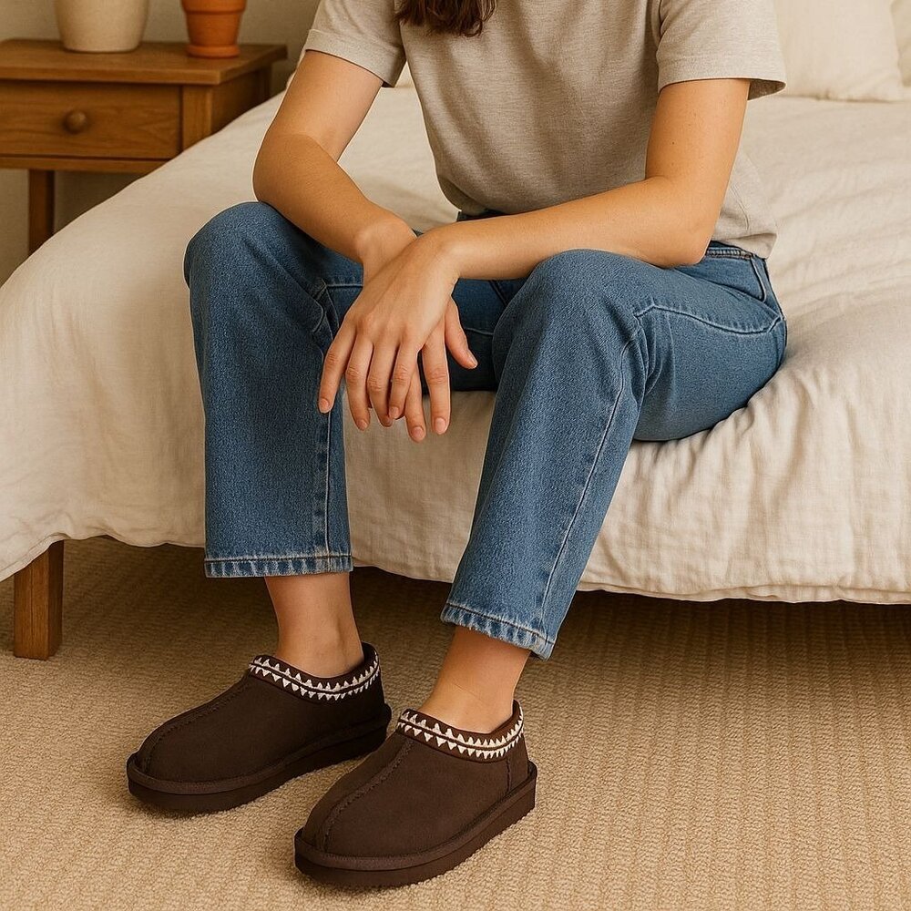 Kirkland Women 9 Suede Sheepskin Slip-on Shearling Slippers Embroidered Shoes